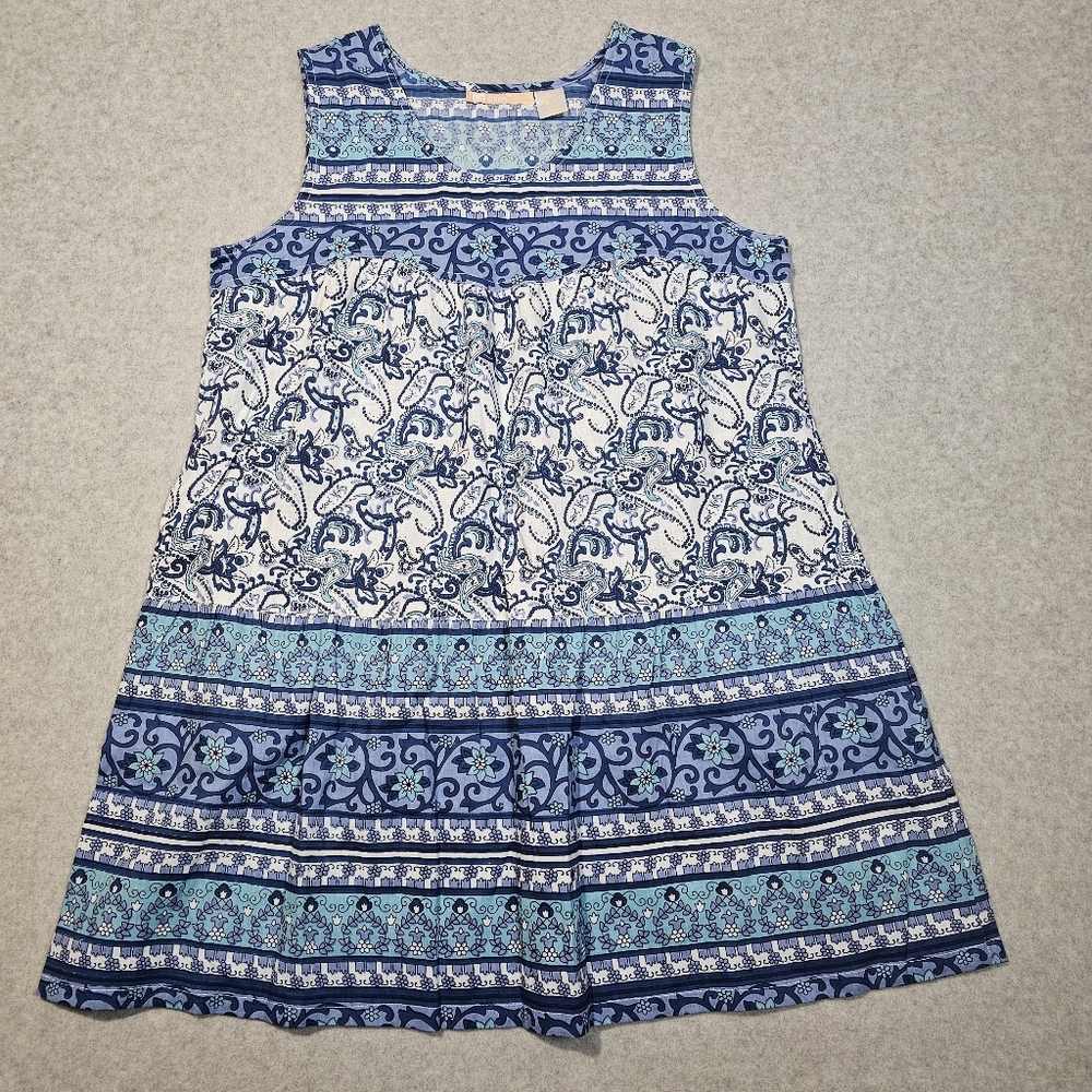 La Cera Womens Cotton Sleeveless Tunic Size Small Blue & White Floral Pockets